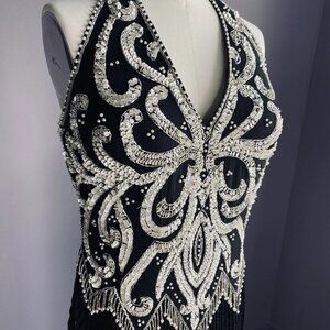 Vintage Black Silk Beaded Halter Formal Gown White Silver Iridescent Pearl 14